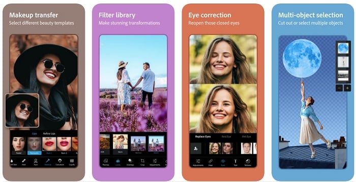 four examples of Photoshop Express, a Photo Retouching App