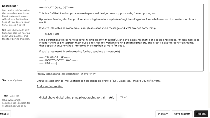 A screenshot of writing a description to sell photos on Etsy