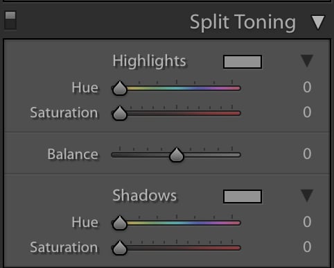 A screenshot showing how to use split toning in Lightroom