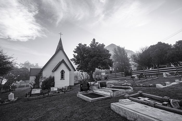 black and white photo of the exterior of a church demonstrating the use of tone in photography