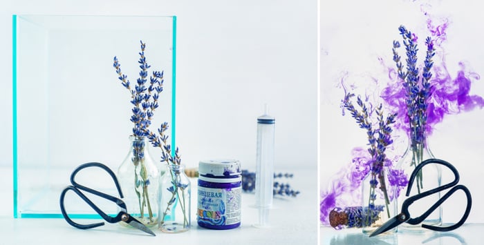 A still life diptych with purple cloud shot using colorful paint in water photography technique