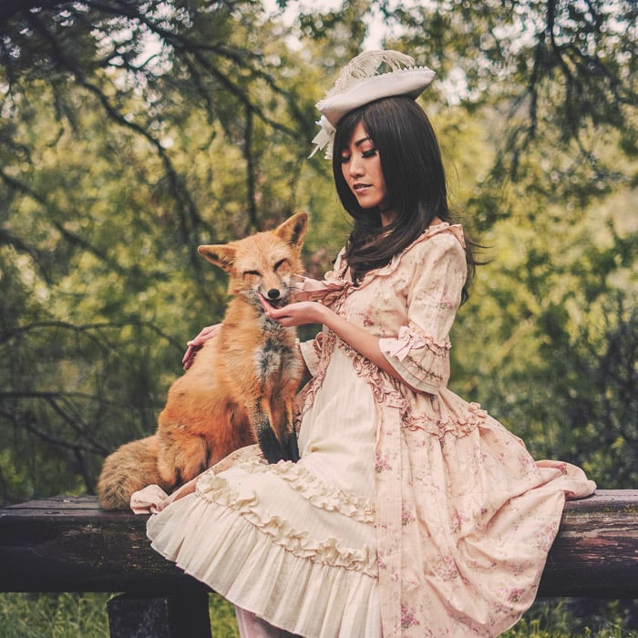 A vintage style portrait of a female model in old style costume holding a fox