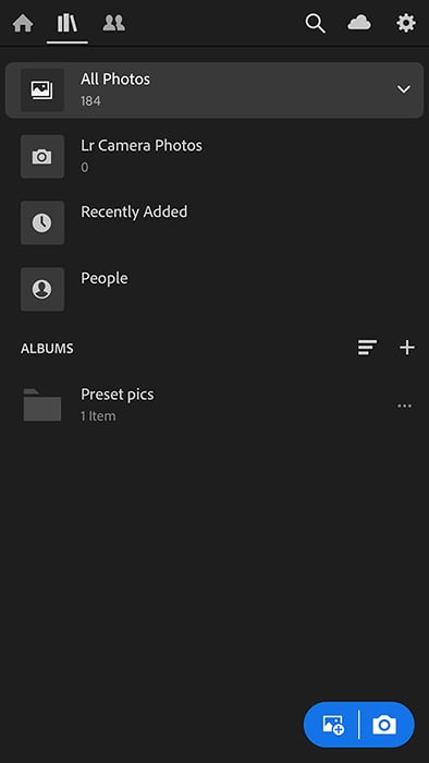 A screenshot of the Lightroom mobile home screen