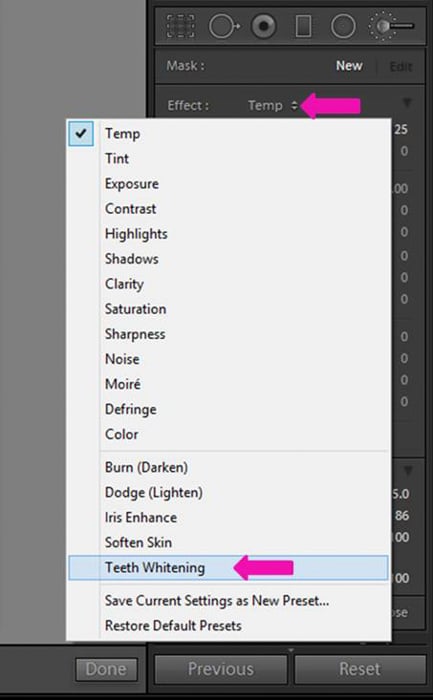 A screenshot showing how to whiten eyes and teeth in Lightroom 