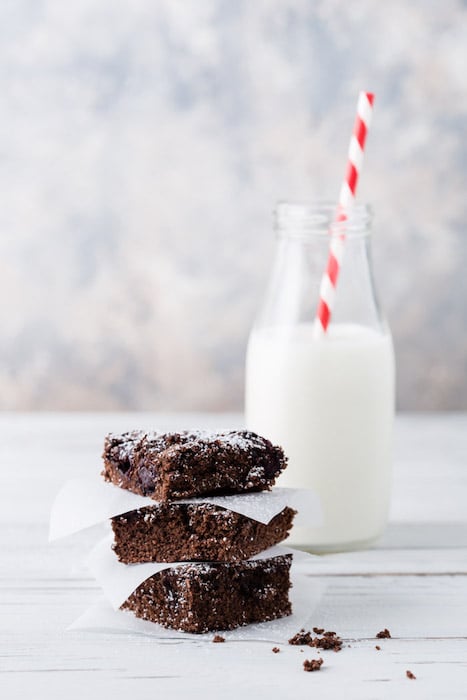 food photo of chocolate brownies in front of a bottle of milk