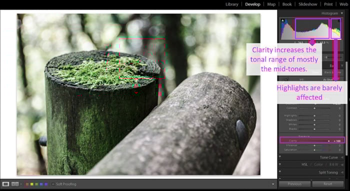 A screenshot showing how to use the clarity tool in lightroom