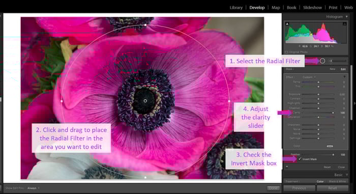 A screenshot showing how to modify the clarity using a radial filter - clarity tool lightroom