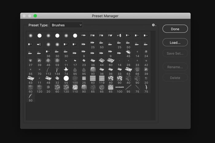A screenshot of the preset manager in Photoshop