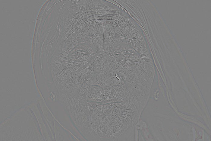 Grey inverted image of a womans face created with the High Pass Filter in Photoshop