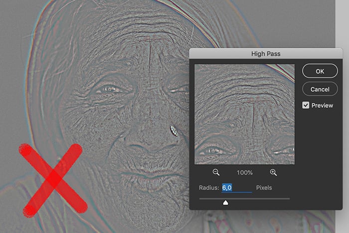 A screenshot showing how to use the High Pass Filter in Photoshop