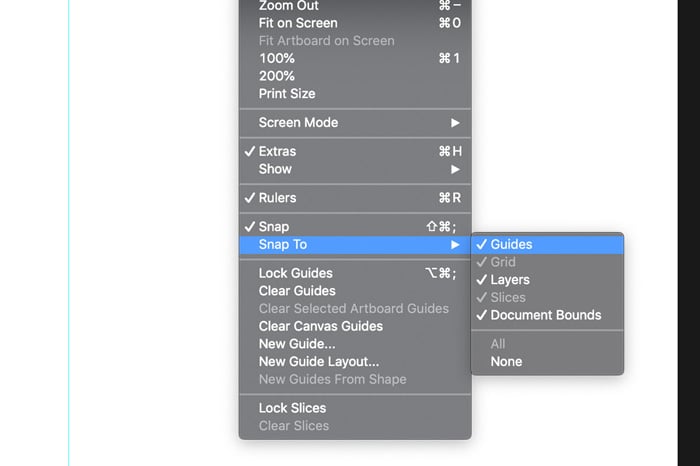 A screenshot showing how to add snapping to a Photoshop guide 