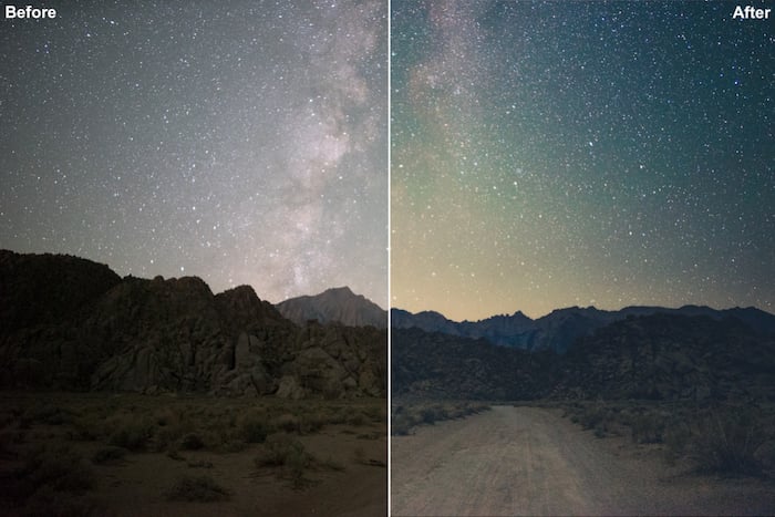 before and after editing a starry landscape with Lonely Speck's Film Speck One by Lonely Speck (free)