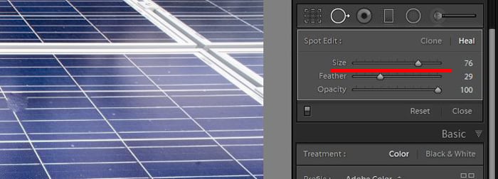 a screenshot showing how to use clone tool in lightroom to edit photos - adjust brush size