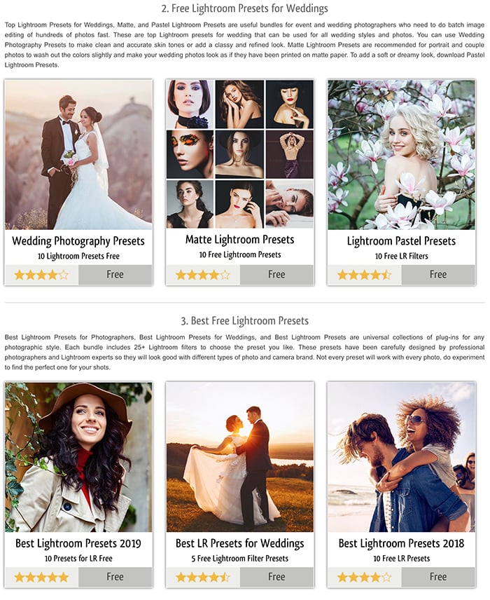 A screenshot of Fix The Photo's free sample Lightroom presets for Instagram
