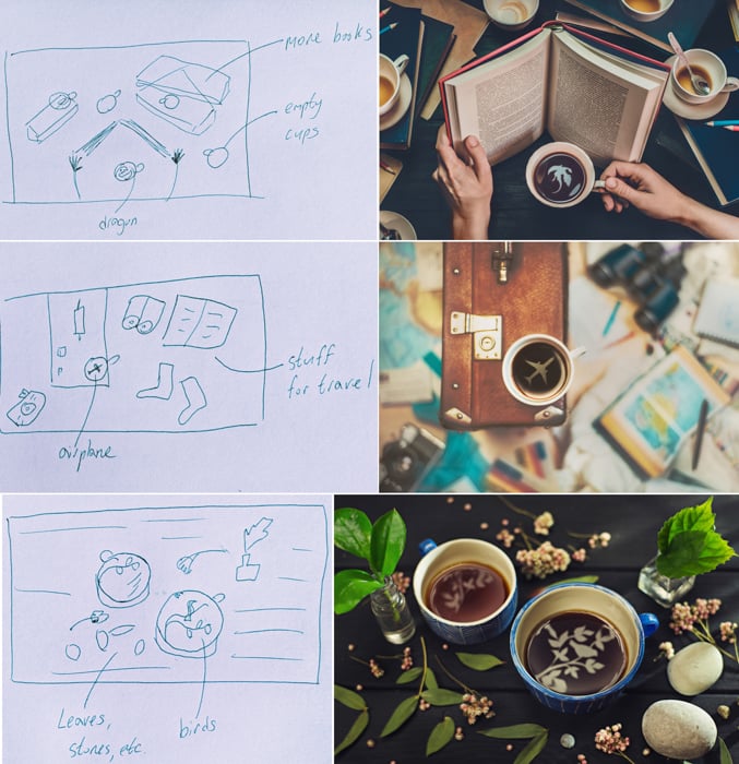 a photo grid including sketches and photos of creative still life featuring cool reflections in a coffee cup