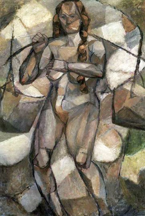 A painting of a woman, portrayed with an almost sculptural quality.