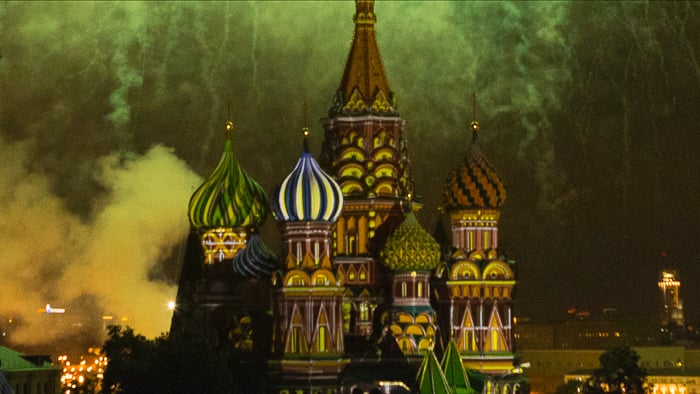 fireworks over St. Basil's Cathedral in Moscow