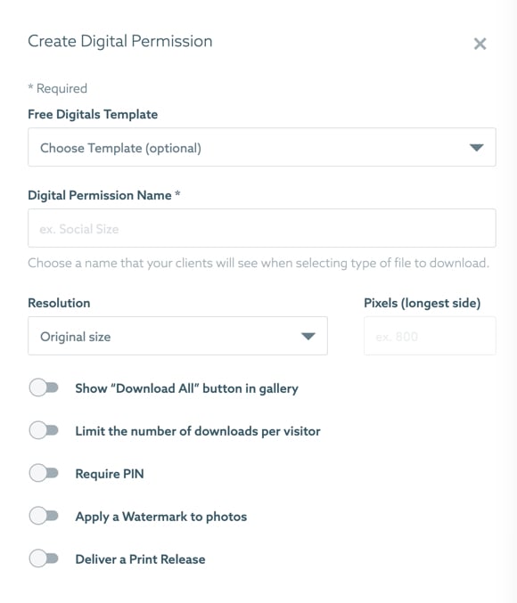 A user interface for creating digital permission, displaying an input form with options to select template, size, and resolution. 