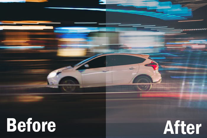 action shot of a speeding car at night, split screen showing before and after editing with Lightroom sports presets 