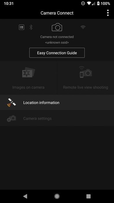 The camera connect app main screen