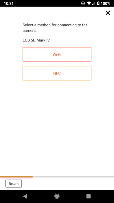 The connection screen in the camera connect app