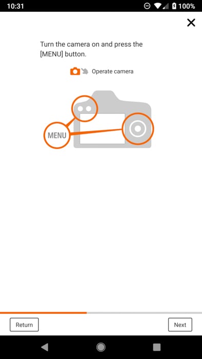 Setup screen in the camera connect app