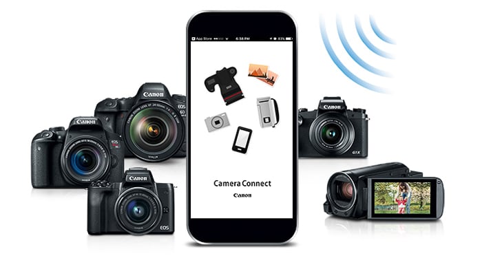 A smartphone with the camera connect app on the screen and various camera types around it