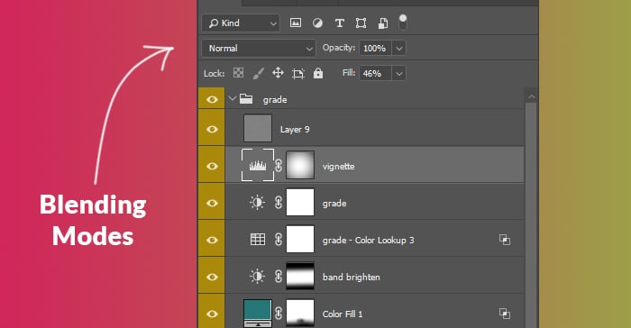 Screenshot of the blending modes location in Photoshop