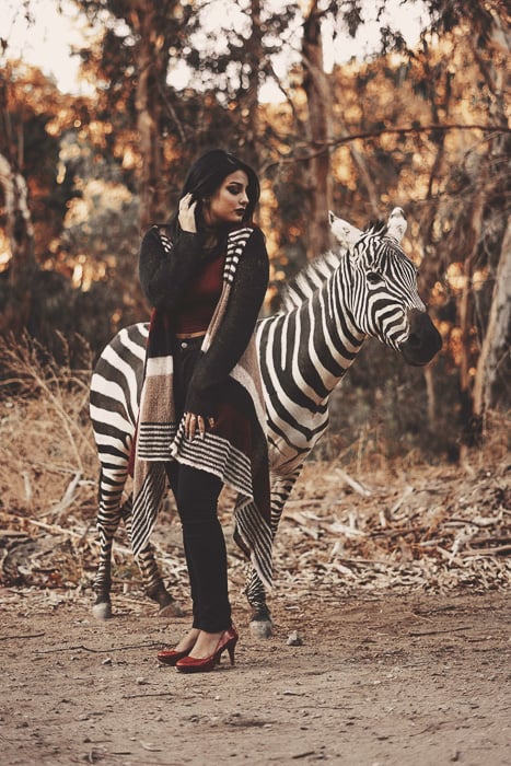 Photo of a model with a zebra behind her
