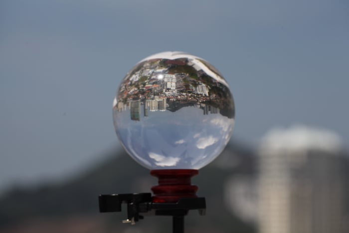 a lensball on a tripod, reflecting a sprawling cityscape