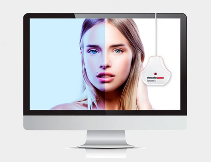 a computer monitor with a split screen portrait onscreen, the left half shows the off colors of an uncalibrated monitor