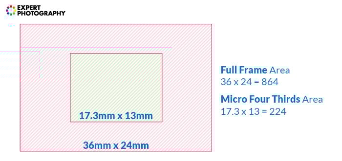 a diagram comparing full frame sensor and micro four thirds sensor
