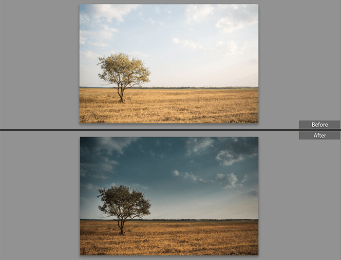Before and after using the graduated filter in Lightroom