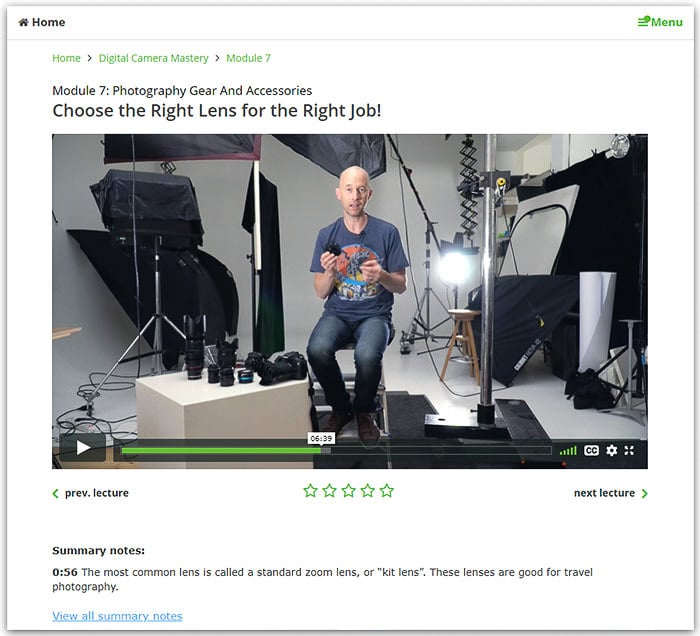 A screenshot from Digital Camera Mastery online course module on choosing the best lens