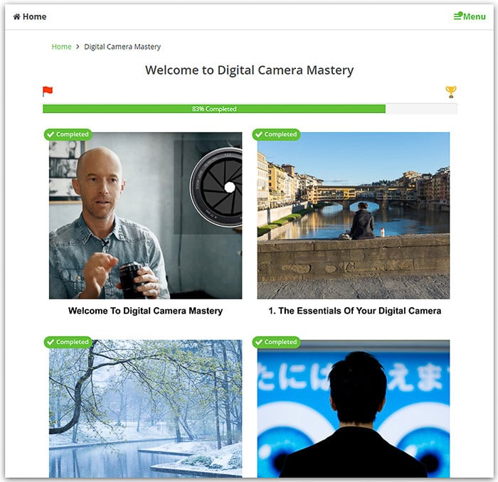 A screenshot from the welcome page of Digital Camera Mastery online photography course 