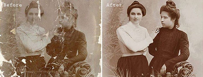 A vintage portrait diptych before and after editing with Photo Retouching