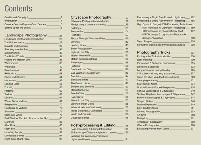 Contents page of the Photography Tutorial eBook
