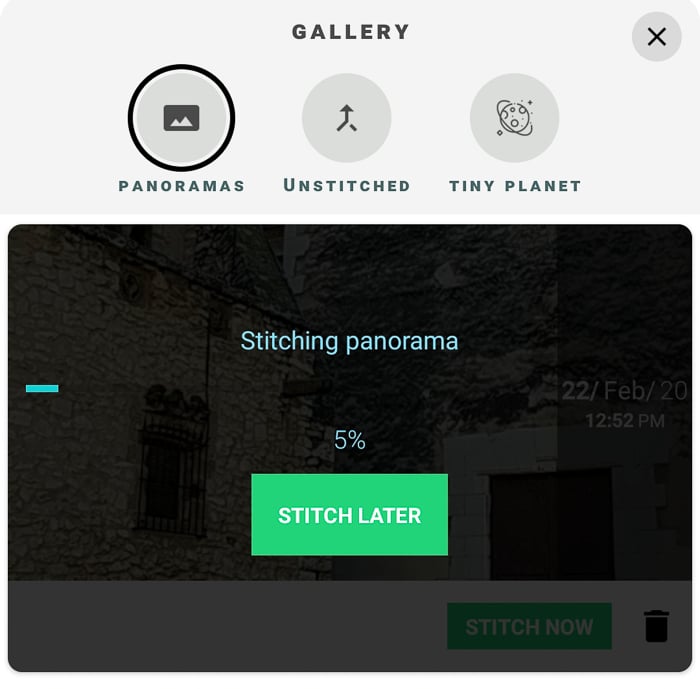 Screenshot of stitching a panorama with P360 app
