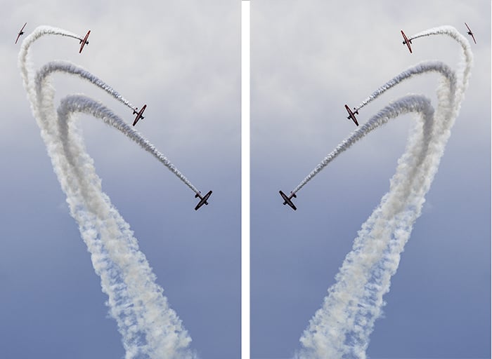 Diptych of airplanes performing stunts