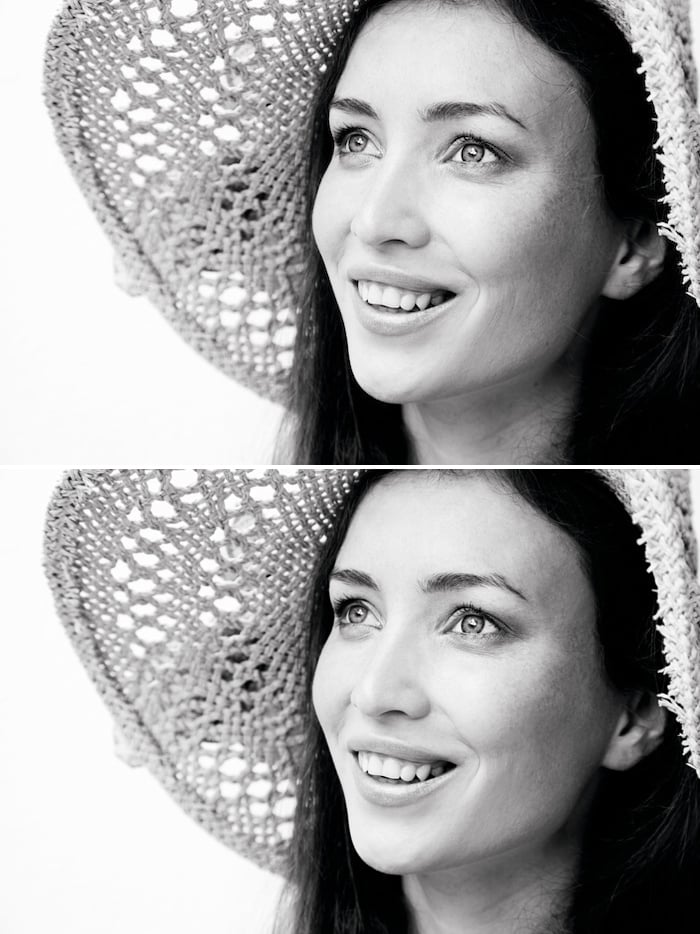 A close up of a female model before and after skin smoothing