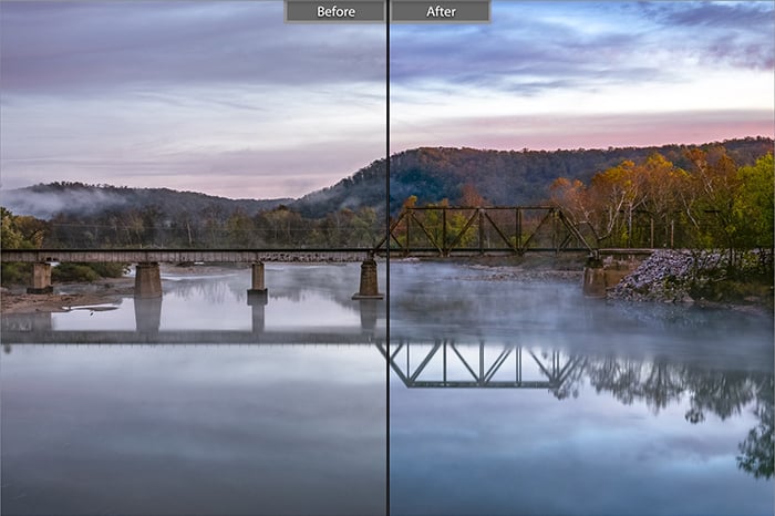 Split image showing before and after editing with Dull Slot Canyon lightroom presets on a landscape photo
