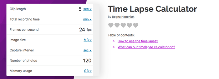 a screenshot of Omni time-lapse calculator