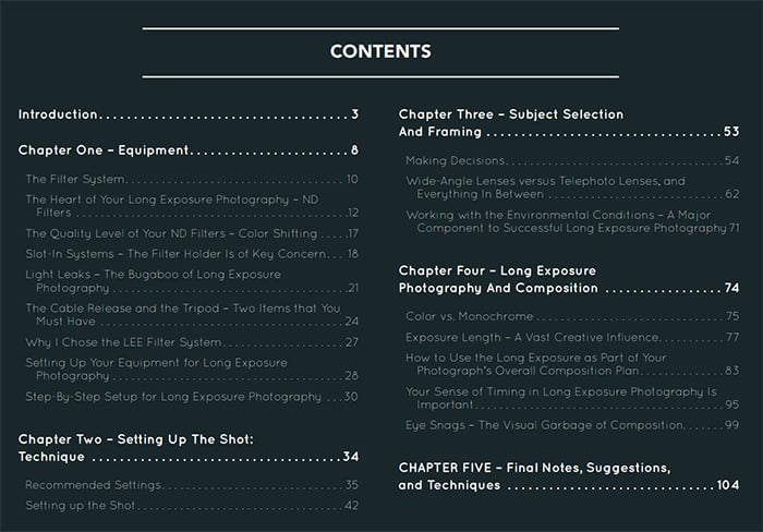 contents of the Long Exposure eBook