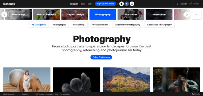 A webpage in the Chrome browser, featuring a photography portfolio.