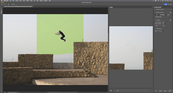 Screenshot of Content Aware Fill sample and Photoshop interface