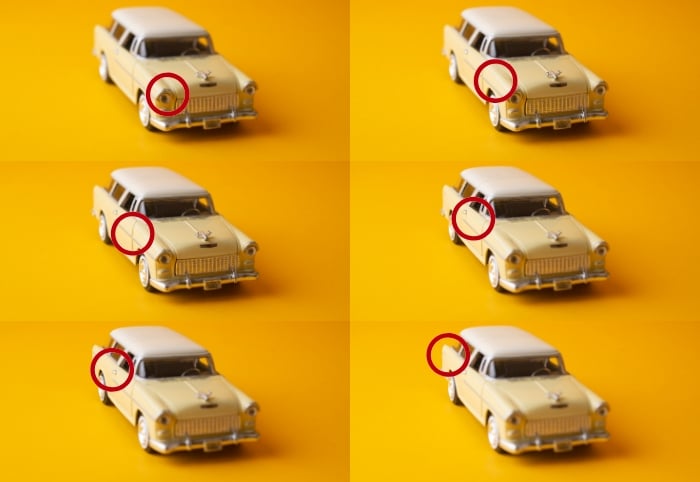 6 image grid of a toy car with a circle indicating the focal plane of each