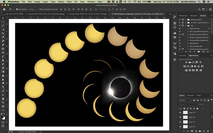 Screenshot of Photoshop workspace. A montage of layered eclipse images Free Transform tool.