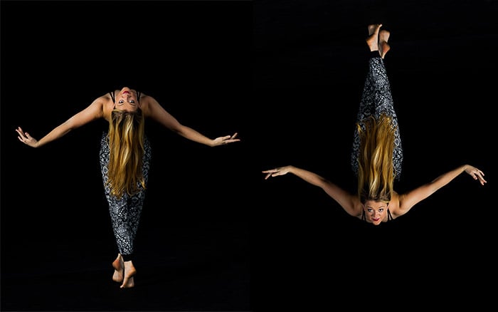 Diptych of a rotated spiral staircase