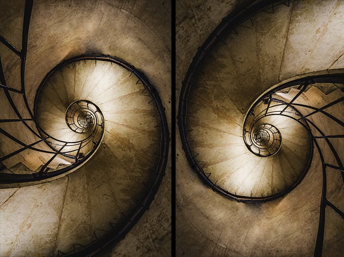 Diptych of a rotated spiral staircase