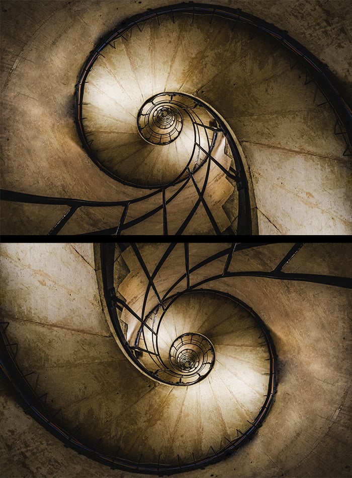 Diptych of a rotated spiral staircase